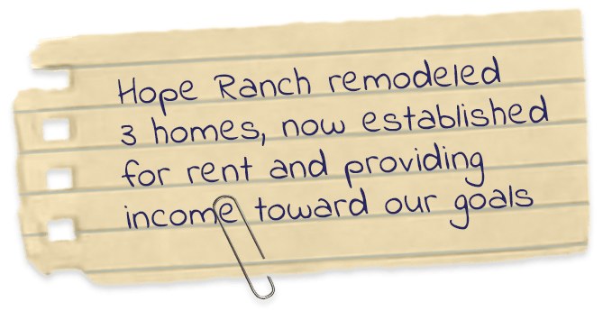Hope Ranch remodeled 3 homes, now established for rent and providing income toward our goals.