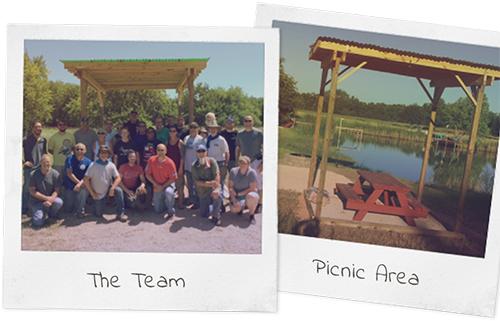 Two polaroid photos with handwritten labels. Hero's Project Team and Picnic Area
