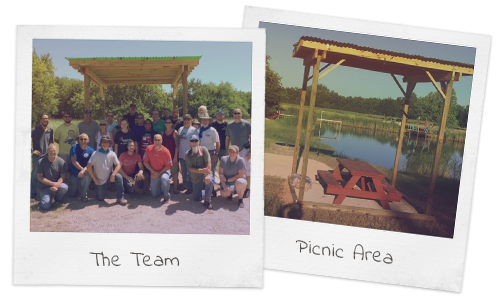 Two polaroid photos with handwritten labels. Hero's Project Team and Picnic Area