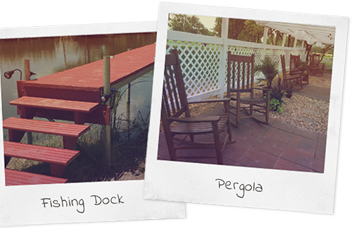 Two polaroid photos with handwritten labels. Fishing Dock and Pergola