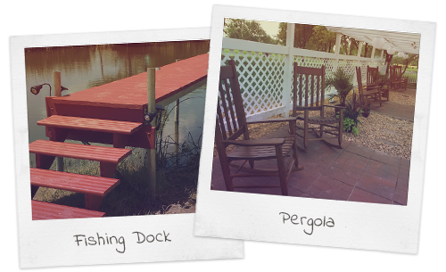 Two polaroid photos with handwritten labels. Fishing Dock and Pergola