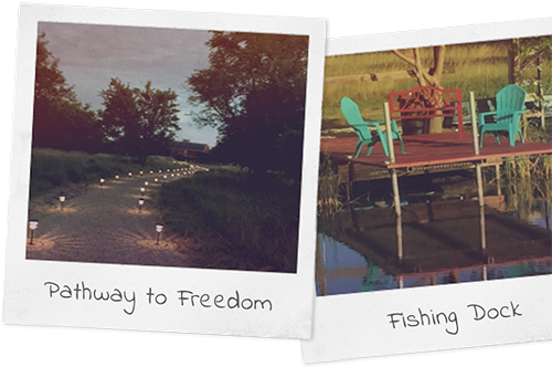 Two polaroid photos with handwritten labels. Pathway to Freedom and Fishing Dock