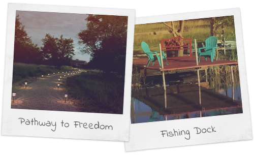 Two polaroid photos with handwritten labels. Pathway to Freedom and Fishing Dock