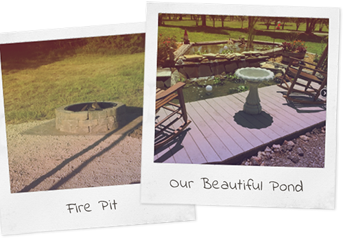 Two polaroid photos with handwritten labels. Fire Pit and Pond with Bird Bath