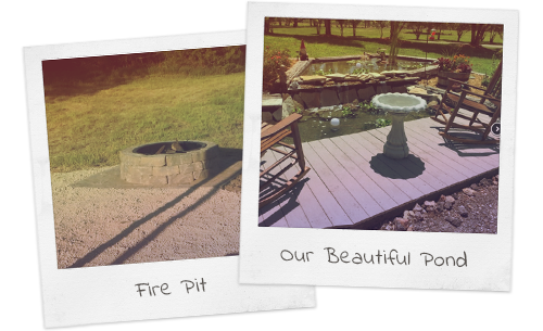 Two polaroid photos with handwritten labels. A Fire Pit and a Pond with a Bird Bath