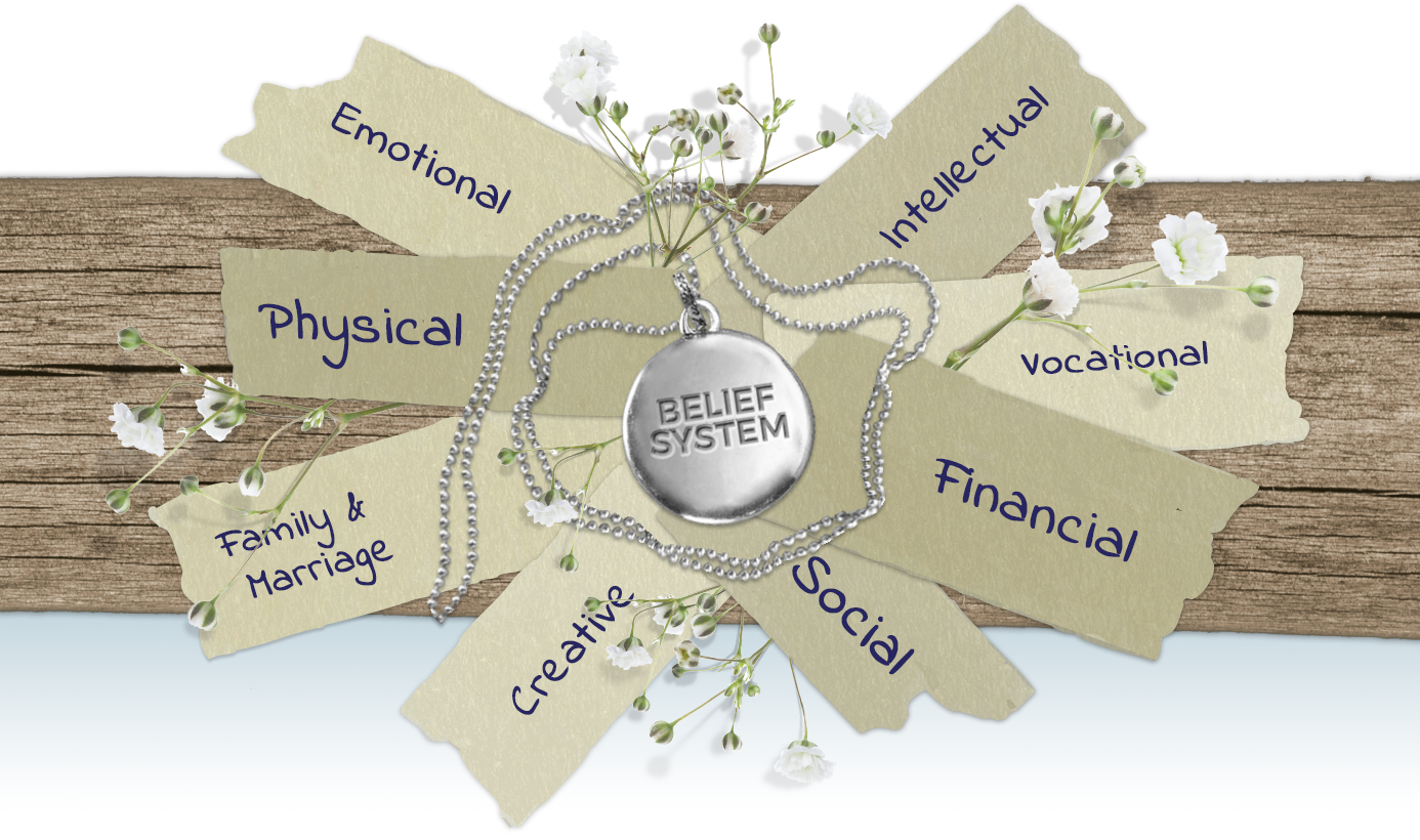 8 dimensions encircling a belief system in the center: Emotional, physical, family & marriage, creative, intellectual, vocational, financial, and social