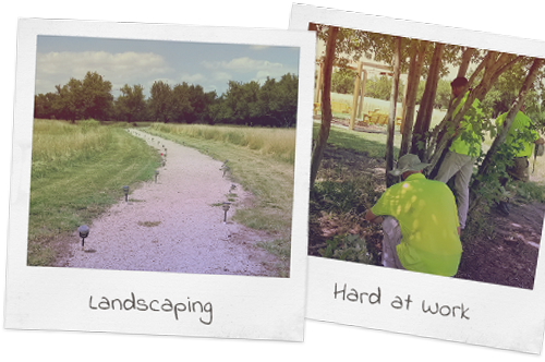 2 polaroid photos with handwritten labels: Landscaping and Hard at Work